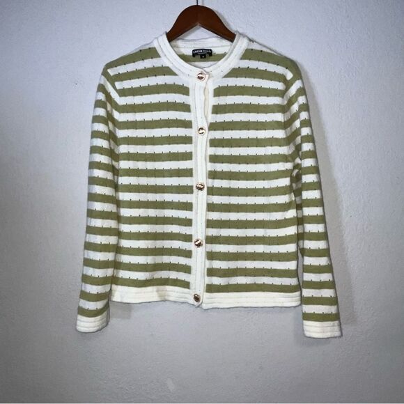 Women's Frenchy Green & White Striped Cardigan Sweater - Picture 2 of 10